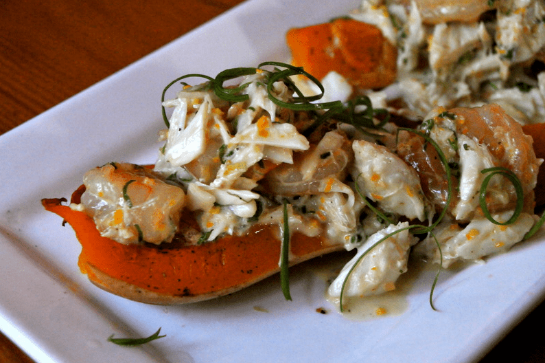 Orange Shrimp and Crab Stuffed Roasted Butternut Squash