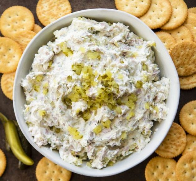 Wonderful creamy and cheesy dill pickle dip - will be eaten in a minute!