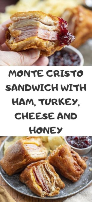 Monte Cristo Sandwich with ham, turkey, cheese and honey