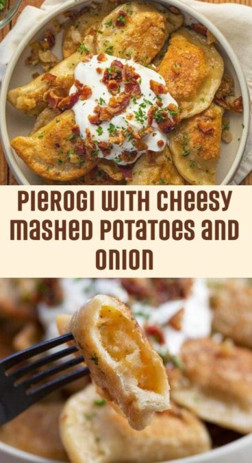 Pierogi with cheesy mashed potatoes and onion