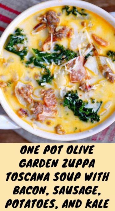 One Pot Olive Garden Zuppa Toscana Soup with bacon, sausage, potatoes, and kale