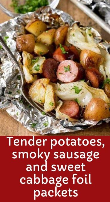Tender potatoes, smoky sausage and sweet cabbage foil packets