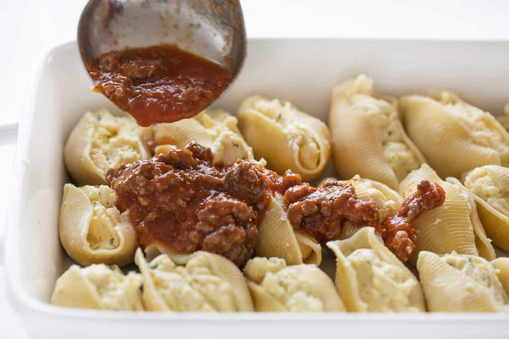 Three Cheese Stuffed Shells With a Hearty Meat Sauce