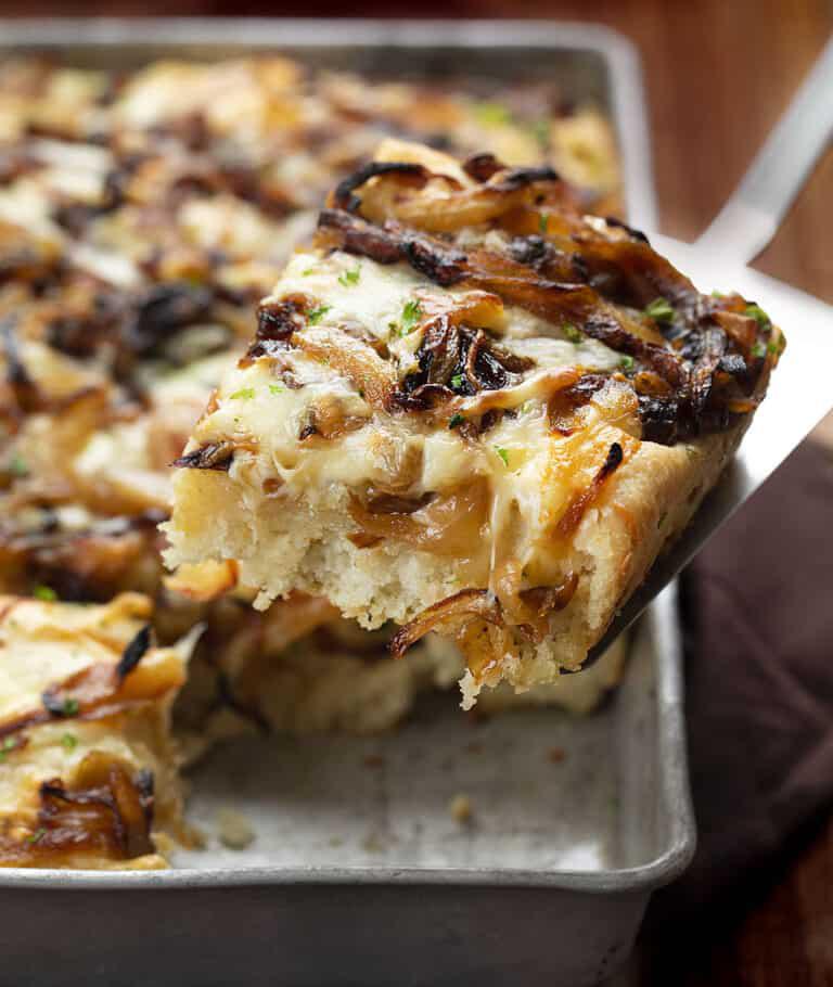 Onion Focaccia Bread Topped with Caramelized Onions and Cheddar