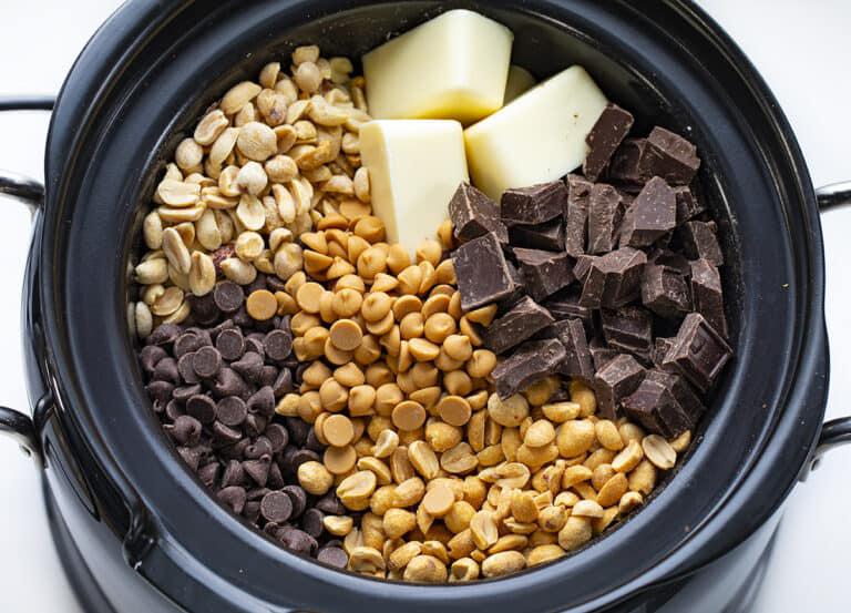 Two Kinds of Chocolate Crockpot Candy with Almond Bark and Peanuts