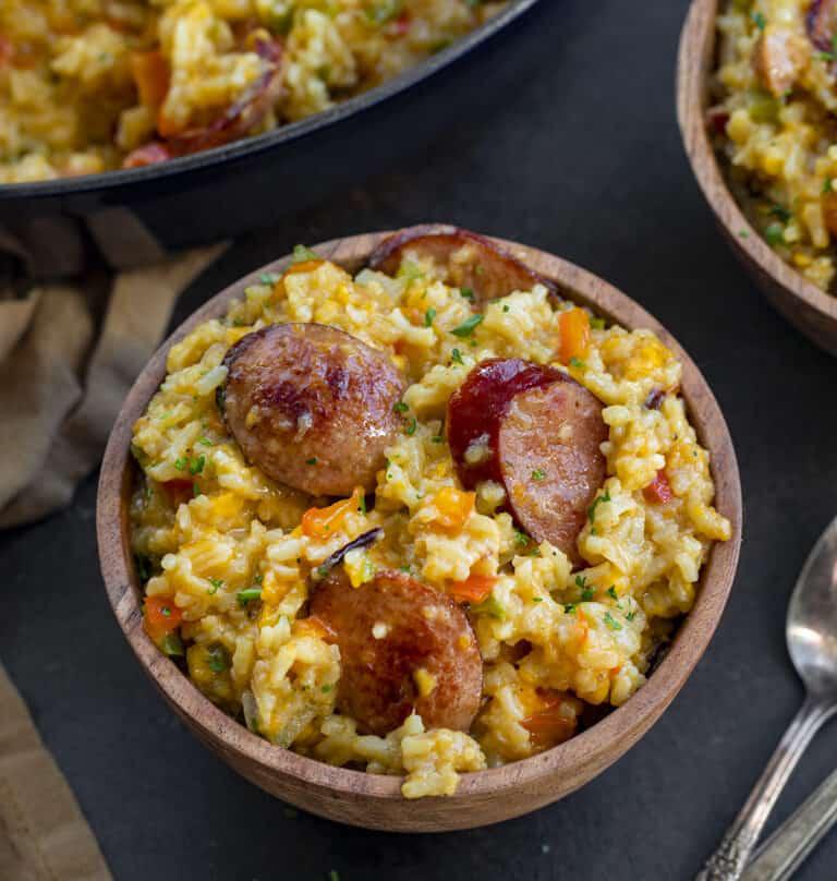 One-pan Cheesy Sausage and Rice Recipe