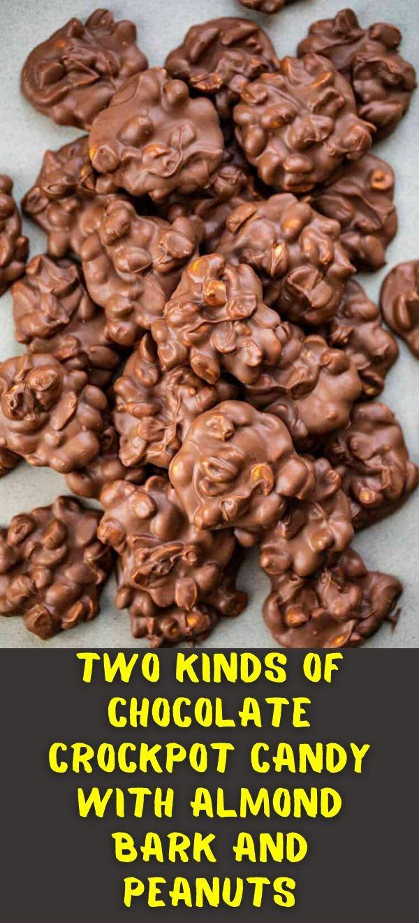 Two Kinds of Chocolate Crockpot Candy with Almond Bark and Peanuts