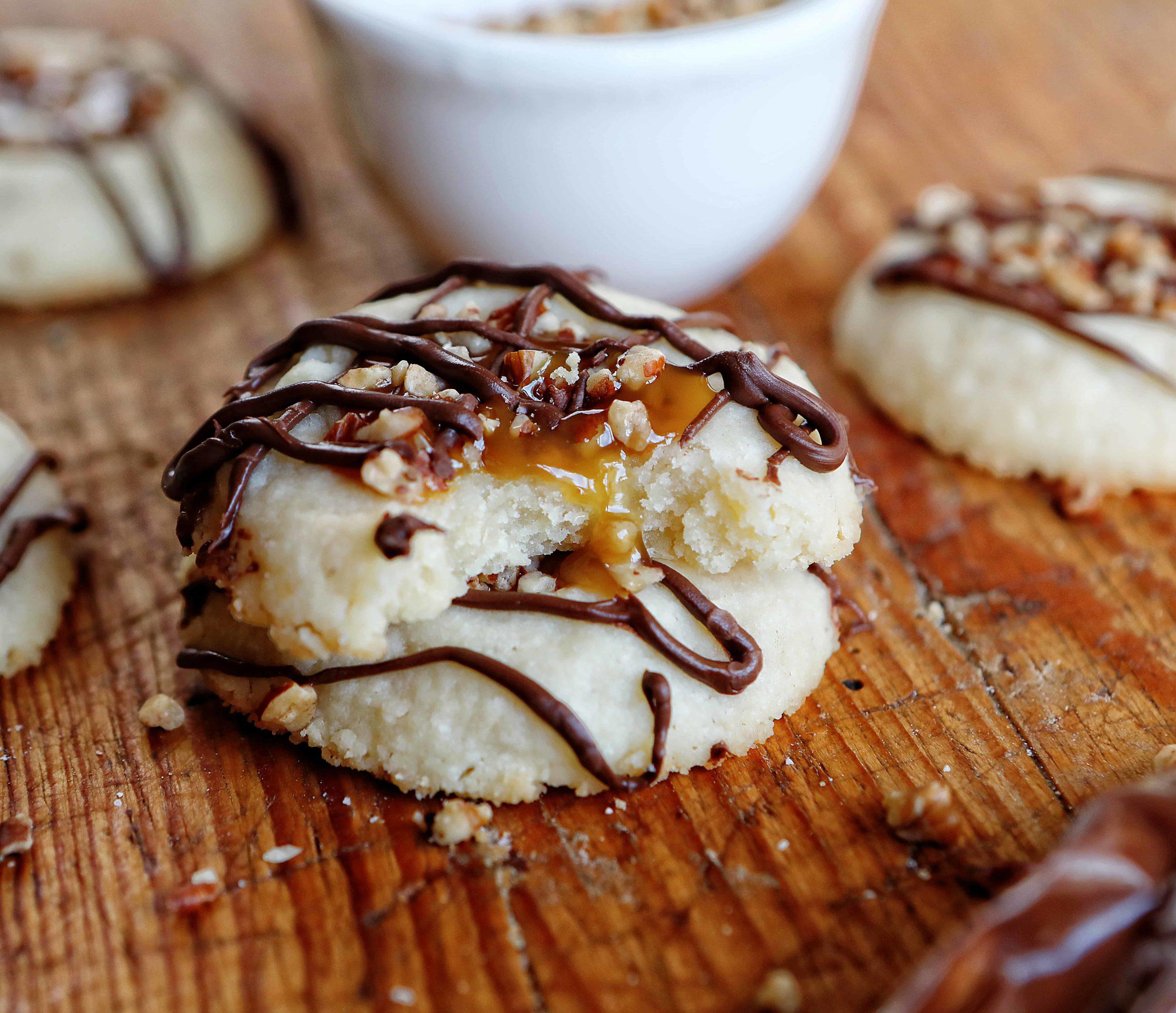 Turtle Thumbprint Cookies with Almonds, Chocolate and Caramel
