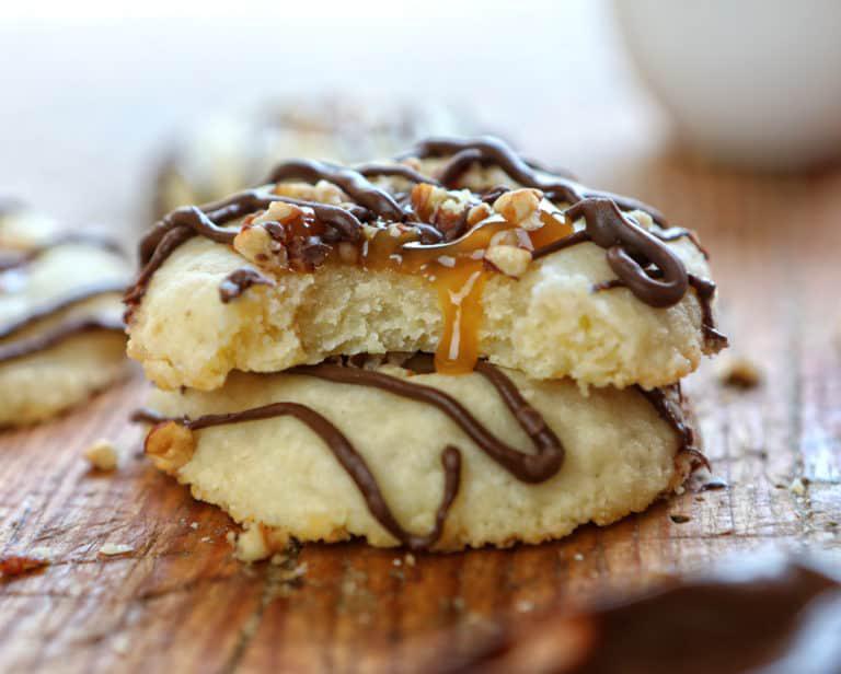 Turtle Thumbprint Cookies with Almonds, Chocolate and Caramel