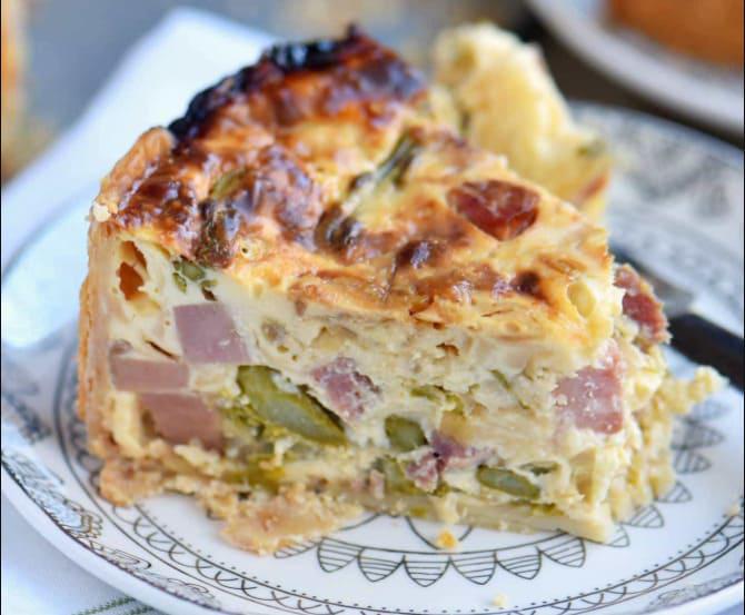 Deep Dish Ham and Asparagus Quiche with Caramelized Onions