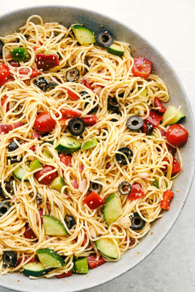 Delicious California Spaghetti Salad in a Zesty Italian Dressing
