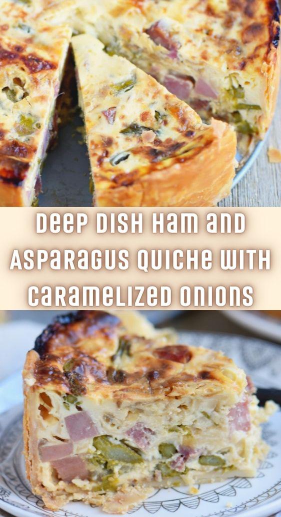 Deep Dish Ham and Asparagus Quiche with Caramelized Onions