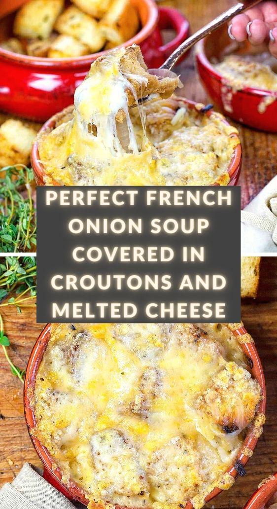 Perfect French Onion Soup Covered in Croutons and Melted Cheese