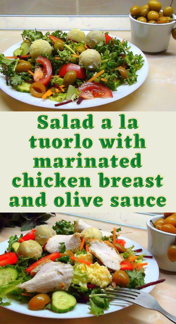 Salad a la tuorlo with marinated chicken breast and olive sauce