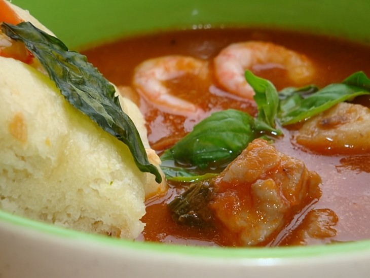 Seafood Tomato Soup with Shrimp and Sea Bass