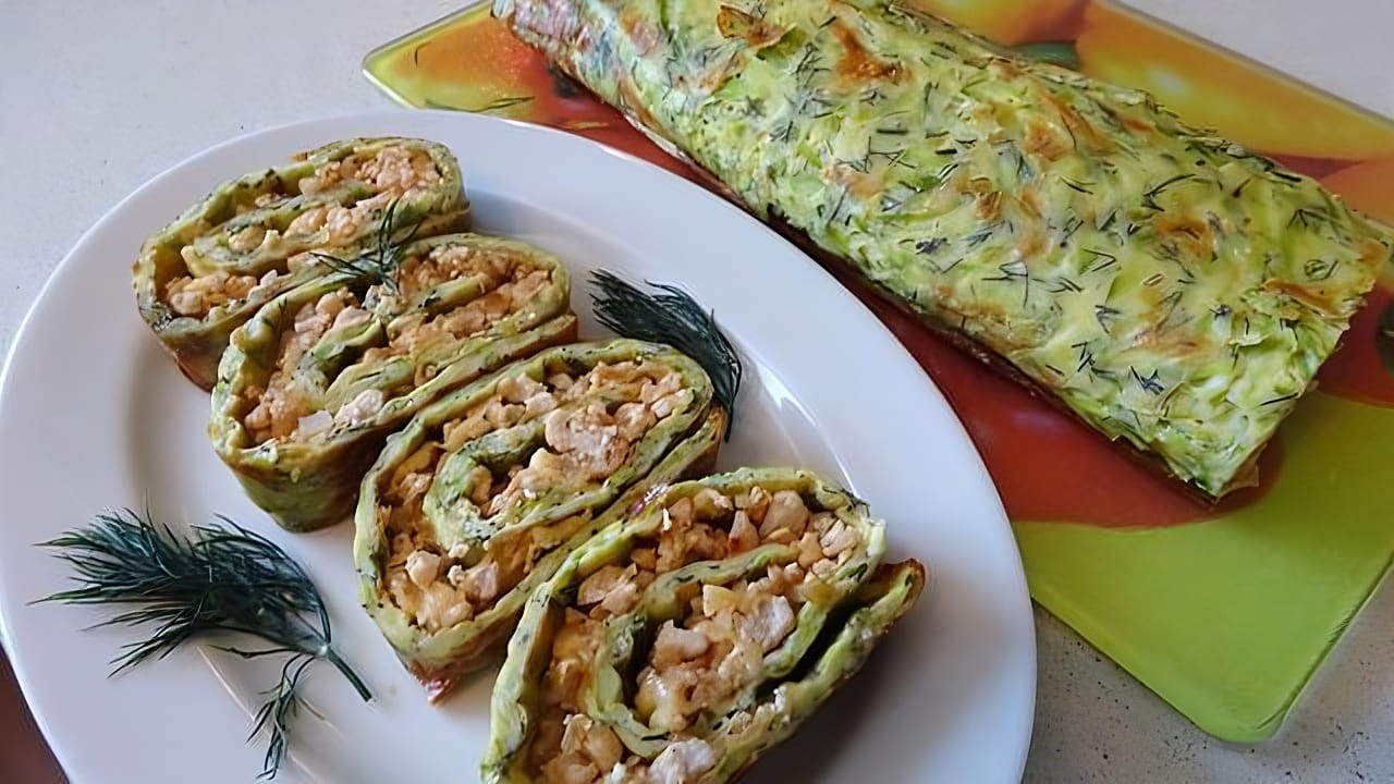 Zucchini Roll with Chicken Stuffing and Cheese